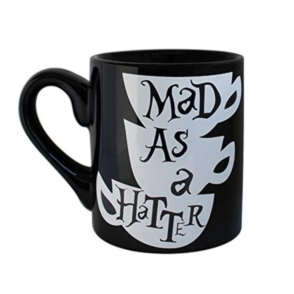 DISNEY MUG Alice In Wonderland MAD AS A HATTER Print COFFEE CUP black white tea